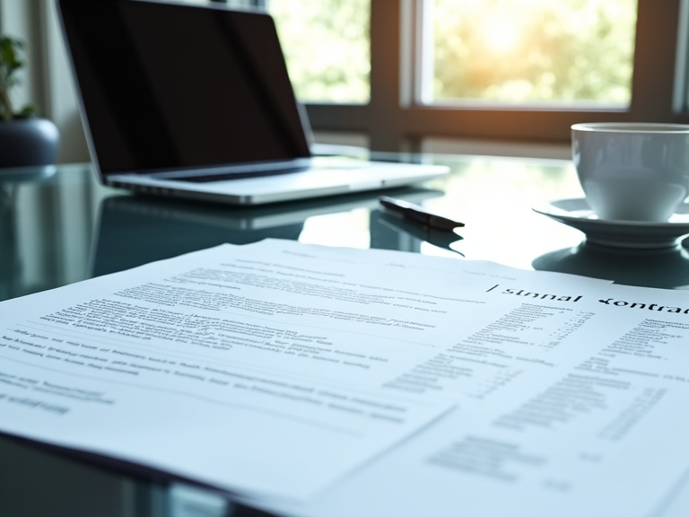 Legal documents and contracts on a desk with a laptop